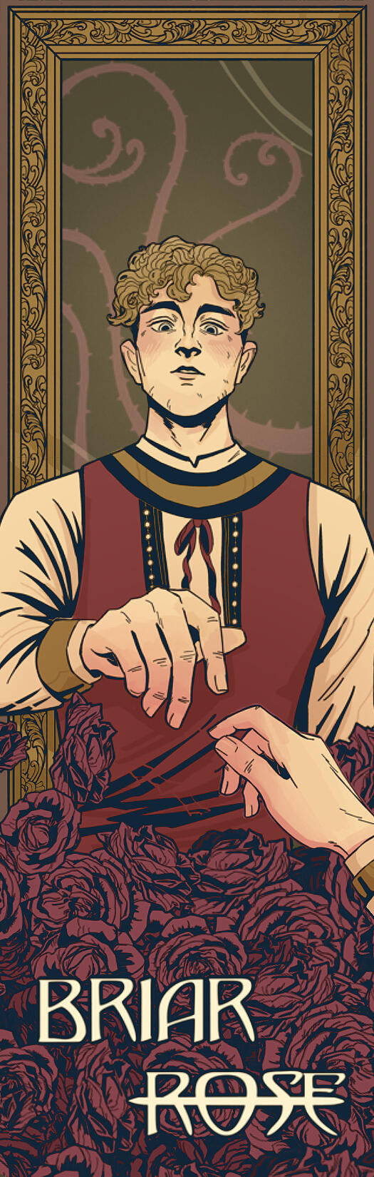 a young man with curly blond hair and a red shirt stands in front of a frame. behind him is a background of briars, and in front of him a hand reached out from a pile of roses.